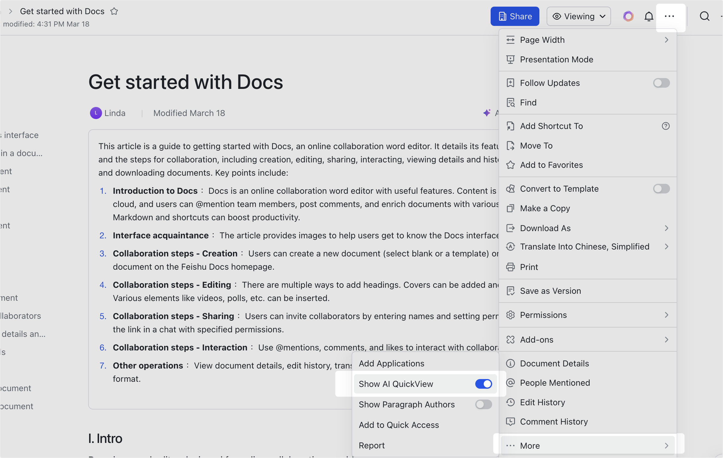 Use AI QuickView in documents